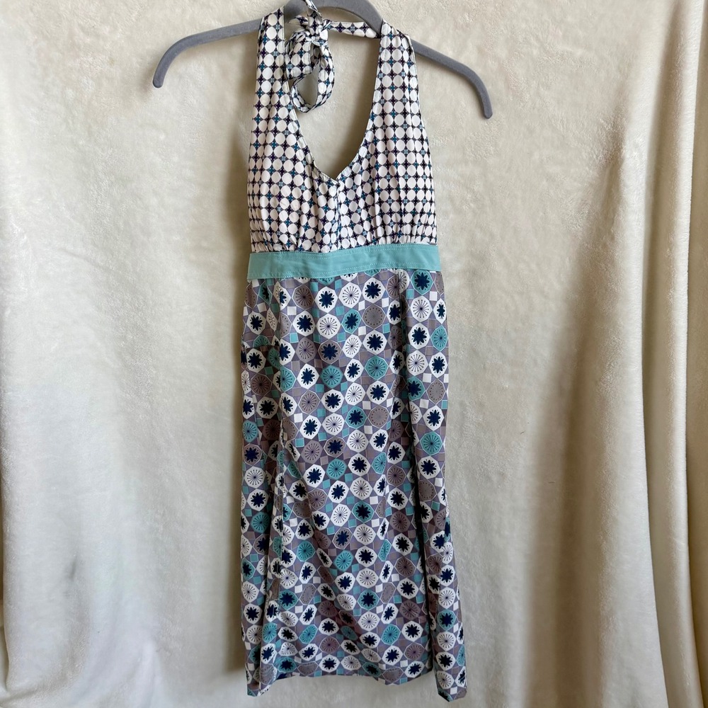 Ascend Sz M Purple Teal Self-Tie Halter Midi Dress‎ Pockets Built-In Bra Smocked